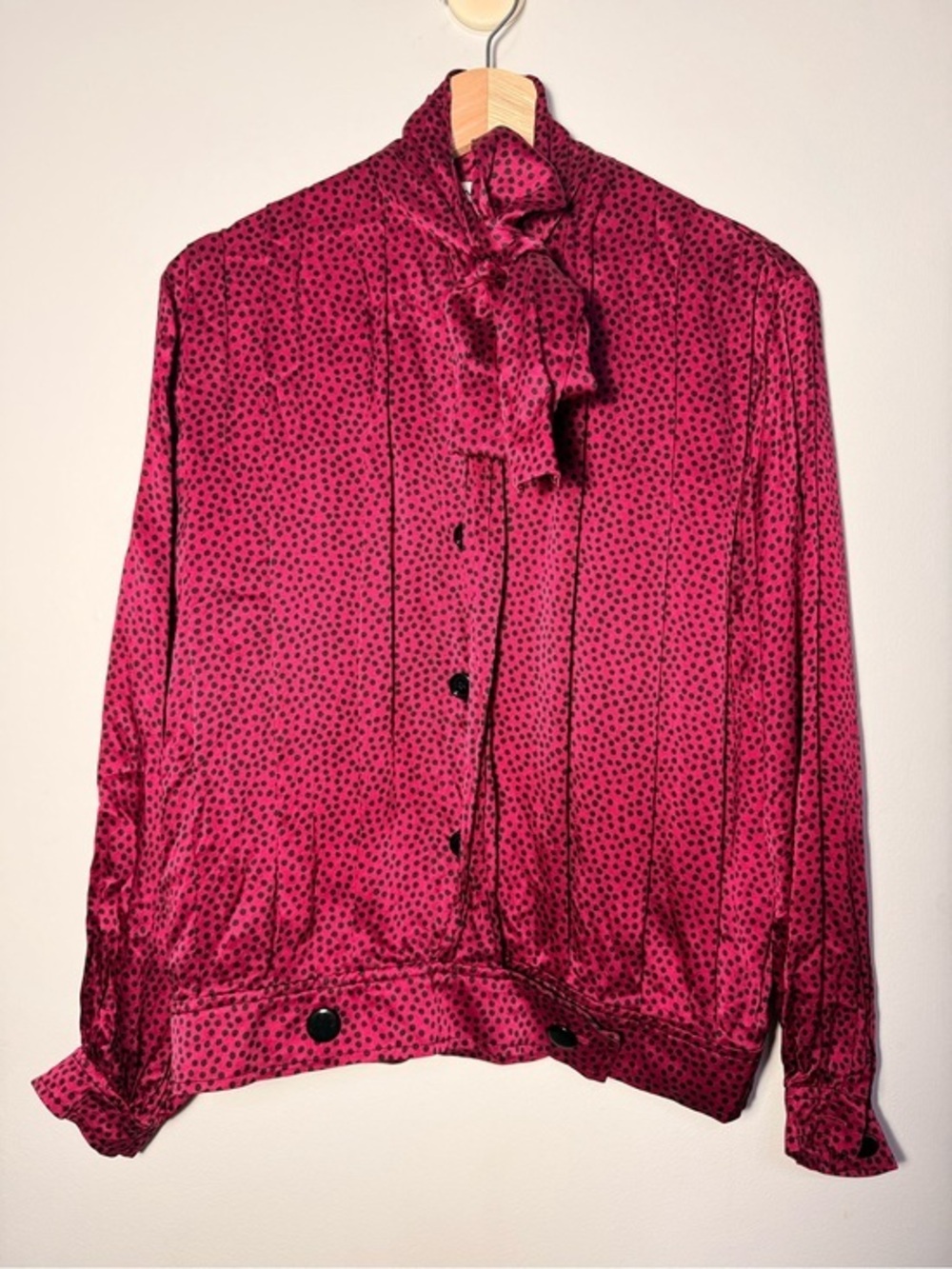 Vintage Albert Nipon SilkFuchsia Polka Dot Tie-Neck Blouse size 6